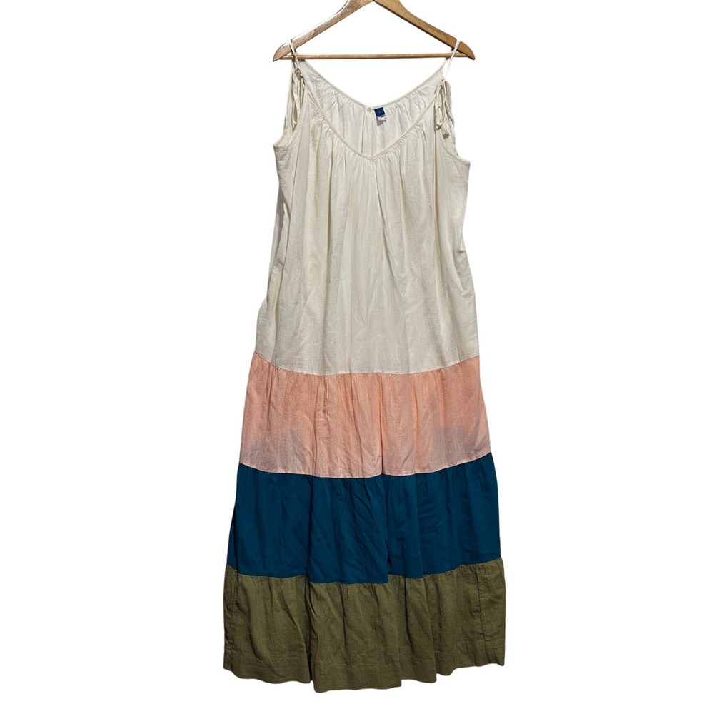Old Navy Women Boho Cottage Maxi Dress L Ivory Colorblock Tiered Resort Festival